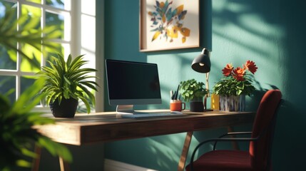 A modern home office showcasing a wooden desk with stylish decorative elements, a comfortable chair, and vibrant potted plants, all in a sunlit space.