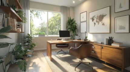 Fototapeta premium A modern home office with a clean, minimalist design, featuring a wooden desk, stylish decor, and potted plants, creating a serene workspace atmosphere.