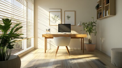A modern home office with a clean, minimalist design, featuring a wooden desk, stylish decor, and potted plants, creating a serene workspace atmosphere.