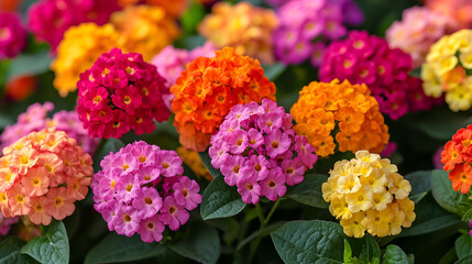Fototapeta premium Colorful clusters of blooming lantana flowers brightening up a garden in late spring