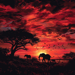 Silhouettes of African elephants and birds against a dramatic red sunset sky with an Acacia tree in the savannah.