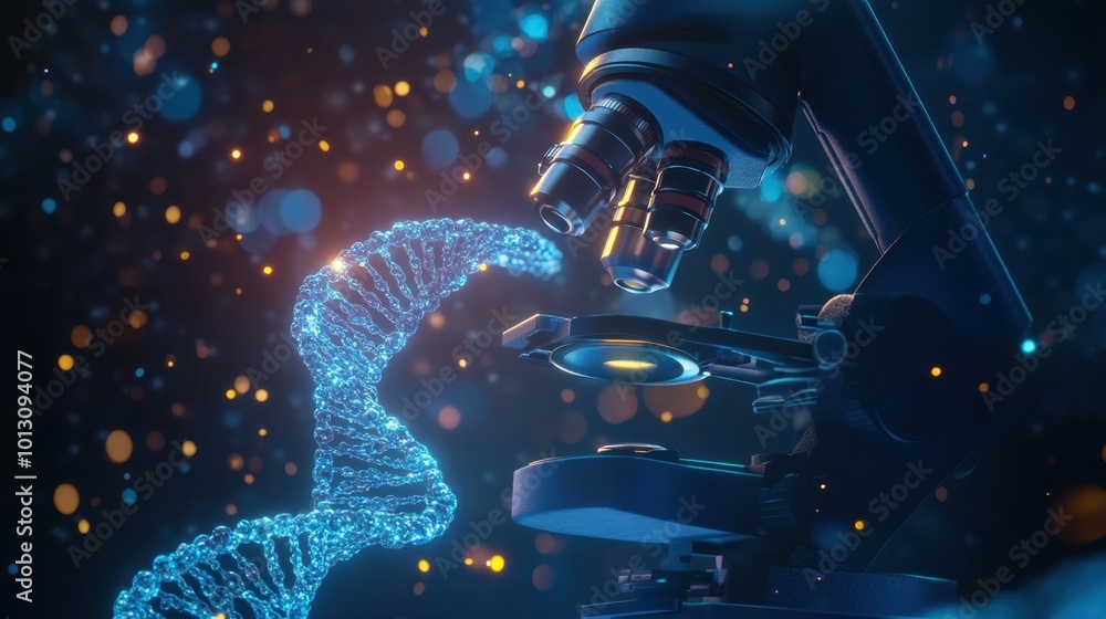 Poster a modern microscope zooming in on a dna strand, representing the intersection of science and biotech