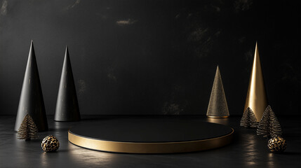 Black Dark Podium for New Year Sale, New Year Sale Cylindrical Platform. Christmas  Stage for Ads. 3D Realistic Studio for Product Placement. Rich VIP Round Table. Presents Xmas Trees Lights.