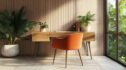 Fototapeta premium A modern minimalist home office featuring a wooden desk with decorative elements, a comfortable chair, and vibrant plants, creating a bright work environment.