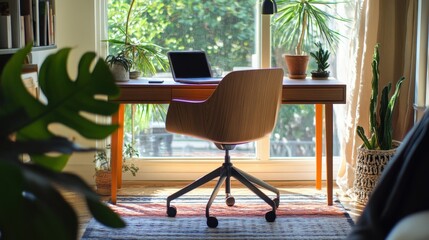 A modern minimalist home office featuring a wooden desk with decorative elements, a comfortable chair, and vibrant plants, creating a bright work environment.