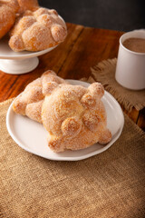 Pan de Muerto. Typical Mexican sweet bread that is consumed in the season of the day of the dead. It is a main element in the altars and offerings in the festivity of the day of the dead.