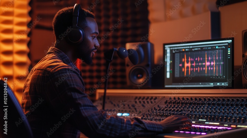Leinwandbilder The podcaster focuses on recording, adjusting equipment while engaging listeners with insightful commentary and expert knowledge. Generative AI