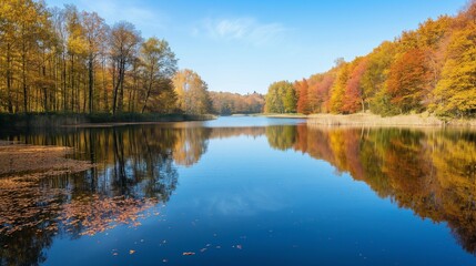Fototapeta premium serene lake surrounded by trees with red and yellow leaves