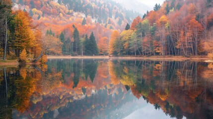 Naklejka premium serene lake surrounded by trees with red and yellow leaves