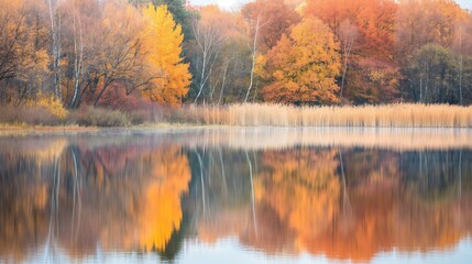 Fototapeta premium serene lake surrounded by trees with red and yellow leaves