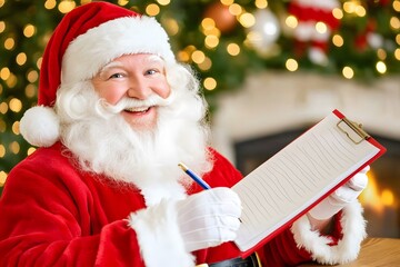 Naklejka premium A cheerful Santa Claus in a red suit smiles while holding a clipboard, surrounded by festive decorations and warm holiday lights.