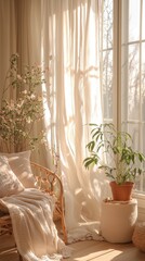 Cozy sunlit corner with a rattan chair, potted plants, and sheer curtains.