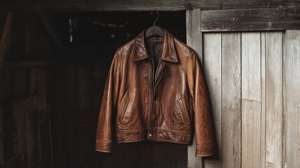 Naklejka premium faded brown leather jacket hanging on a hook