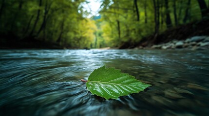fresh green leaf floating gracefully down a rushing river