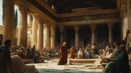Naklejka premium Men gathered in a Roman temple listening to a speaker.