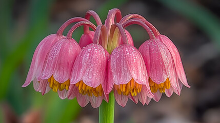 Beautiful pink bell-shaped flowers blooming in a spring garden with vibrant yellow stamens and dewdrops glistening in the morning light