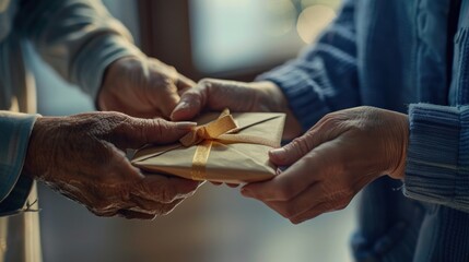 Obraz premium A Gift of Love and Care: Elderly Hands Exchange a Present