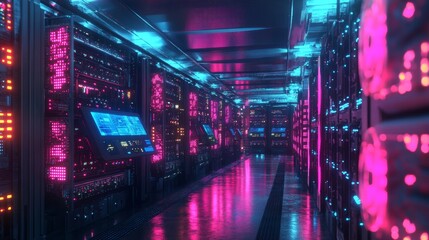 Futuristic Server Room with Neon Lights.