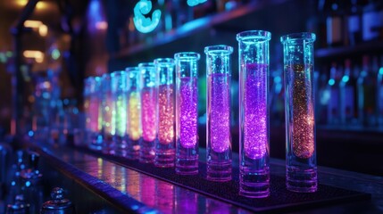 A row of neon-colored test tube shooters filled with glowing liquids, rimmed with edible glitter, in a futuristic bar setting.