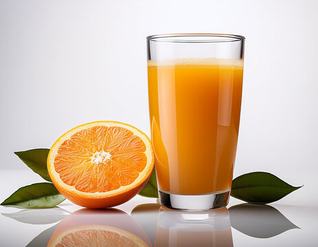 Zumo de naranja en vaso de cristal sobre fondo blanco