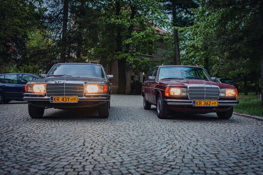 POLAND, Bielawa - April 22, 2024 - Mercedes S-class V8 3,5 liters , W116, model 350SE and Mercedes-Benz 230 TE, part of the W123 series. Vintage cars.
