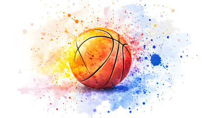 Basketball with splashes of watercolor paint on a green background design