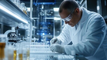 A scientist carefully works with test tubes and samples in a laboratory, wearing protective gear to ensure safety and accuracy in experiments. Generative AI