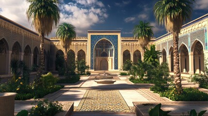 Obraz premium Ornate courtyard with palm trees and fountain.