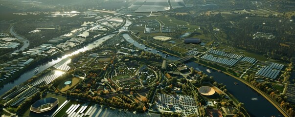 Urban center with solar farms and green belts, 4K hyperrealistic photo
