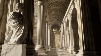 Fototapeta premium Stone statue stands in ancient columned hall.