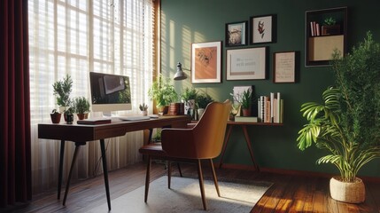 Fototapeta premium A sleek home office with minimalist aesthetics, showcasing a wooden desk with decorative items, a cozy chair, and potted plants, exuding a natural ambiance.