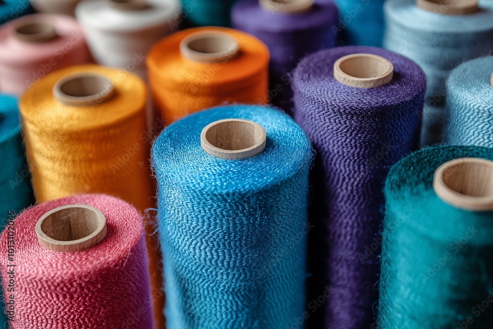 Poster bunch of colorful yarns are displayed in a row. the colors include blue, pink, orange, and purple. a