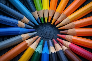 Bunch of colored pencils are arranged in a circle. The pencils are of different colors and sizes. an colourful optimistic image that expresses client centric tailor-made concepts
