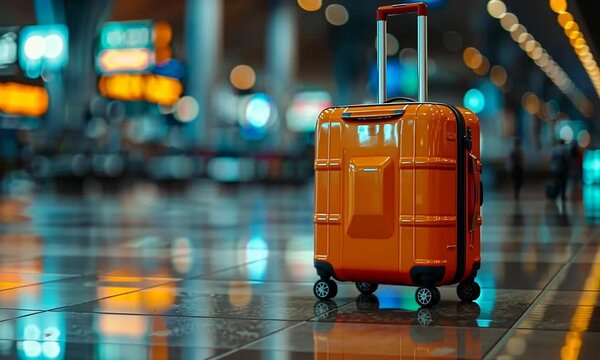 Among the bustle of the airport, a lonely red suitcase, luggage ready for departure, Generative AI