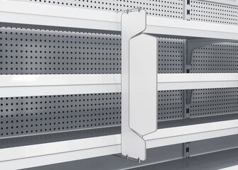 Close-up of shelf stopper mockup and supermarket shelves with shelf talkers. 3d illustration