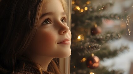 Fototapeta premium Little girl looking out the window at Christmas, close-up of her face, a Christmas tree with a red ornament hanging on it in the background