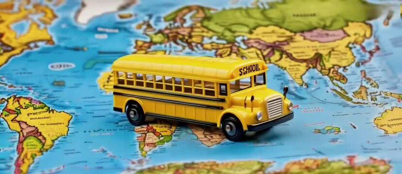 Miniature yellow school bus on world map