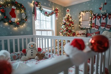 Fototapeta premium A baby's nursery is decorated with a Christmas theme