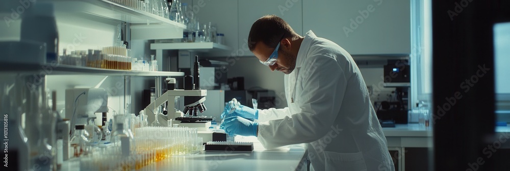 Poster A scientist dressed in a white lab coat is meticulously working with test tubes and samples in a modern laboratory setting. Generative AI