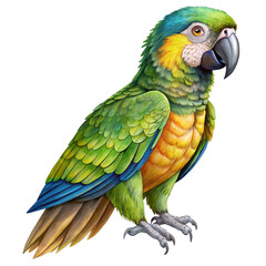 Fototapeta premium Parrot bird with vibrant feathers standing on a clean transparent background symbolizing tropical beauty and nature.