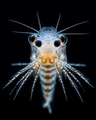 the Fish Larvae Zooplankton, portrait view, white copy space on right, Isolated on black Background