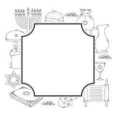 Vector frame with symbols of the Hanukkah holiday. Doodle-style illustration