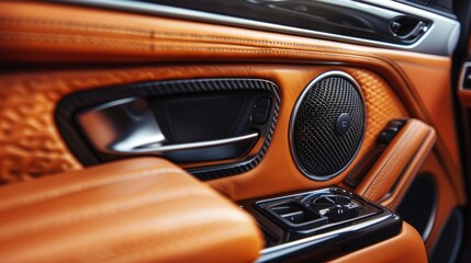 A pair of speakers mounted on the cars rear door surrounded by luxurious leather lining enhances the sound quality of the vehicle.