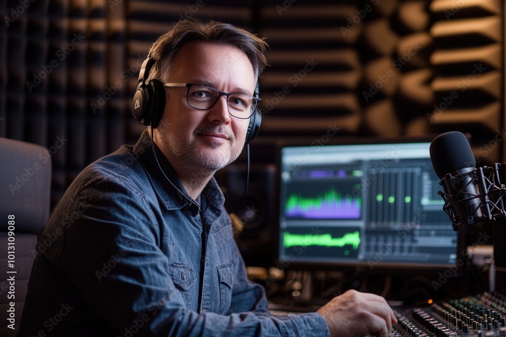 Poster The podcaster engages in recording, equipped with headphones and focused on audio editing in a modern studio. Generative AI