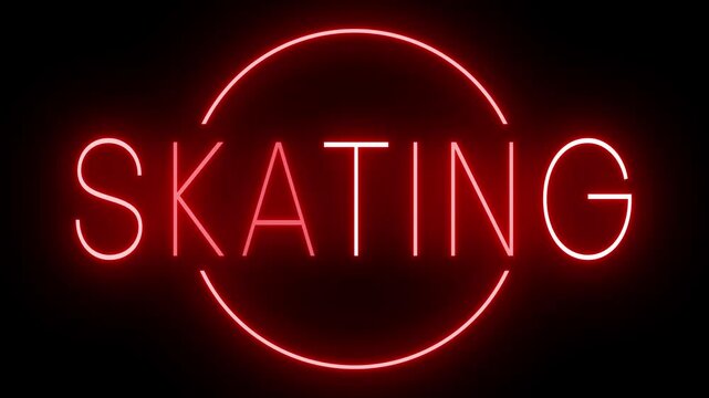 Flickering red retro style neon sign glowing against a black background SKATING