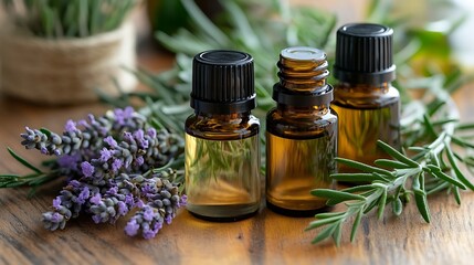Herbal essential oils diffusing into a room, with lavender and rosemary sprigs nearby