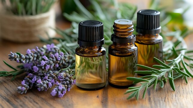 Herbal essential oils diffusing into a room, with lavender and rosemary sprigs nearby