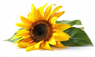 Fototapeta premium Bright yellow sunflower, white background, 4K hyperrealistic photo