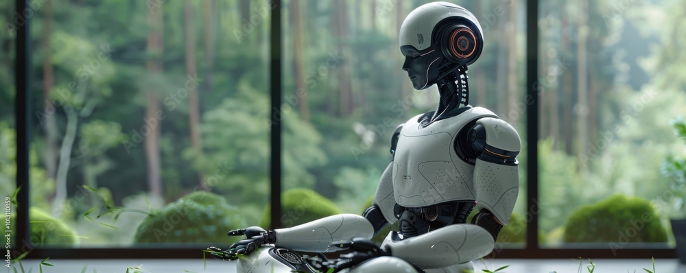 Poster autonomous robot companion assisting with relaxation and meditation exercises, 4k hyperrealistic pho