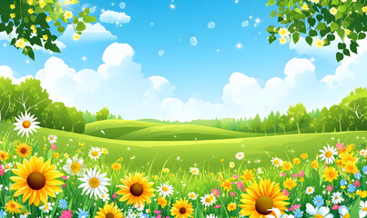 Beautiful green grass, blue sky, and white clouds. Colorful flowers in the foreground sunflowers, daisies, pink lilies, and purple tulips. Green hills and trees on both sides. Simple background design